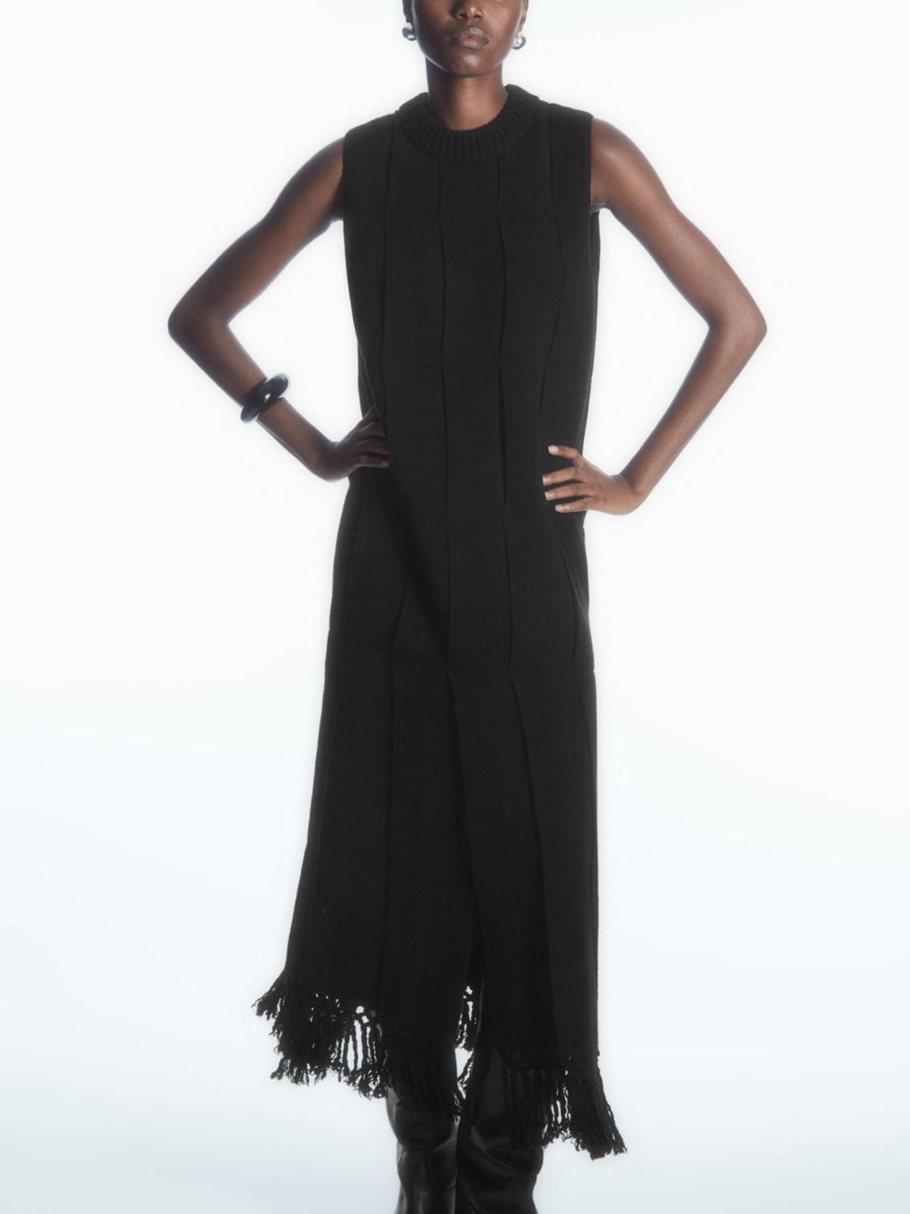 COS Black Wool Knit Sleeveless Maxi with Fringe Hem